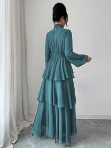Elenzga 女款純色透視雪紡內襯高領蓬鬆垂墜復古腰帶收腰後綁帶可調節A字層次浪漫荷葉邊不對稱下擺燈籠長袖摩卡棕長洋裝優雅法式復古街頭風極簡百搭 - 水鴨藍 - 查看 2