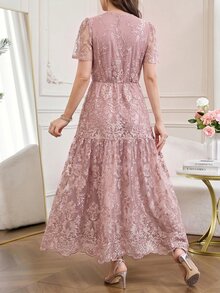 Amorya Women's Elegant Jacquard Mid-Length Dress With Overlap V-Neck, Short Sleeves And Ruffle Hem Wedding Formal Mother Of The Bride Dusty Mauve Summer - Pink - View 2