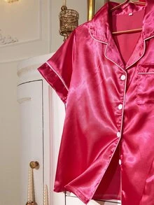 LuxeNights 女款純色前開扣貼袋飾邊短袖短褲睡衣套裝居家服 - 玫紅色 - 查看 6