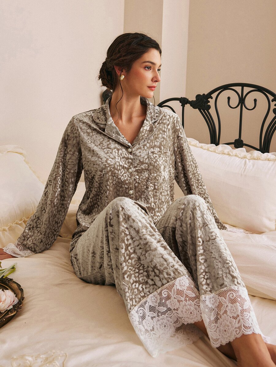 Côtesoire South France Elegant Romantic Leopard Print Open Front Long Sleeve Long Pants Women's Pajama Set - Apricot - View 1