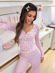 SweetSlumber Women's Bow Print Long Sleeve Top And Pants Pajama Set - Pink - View 6