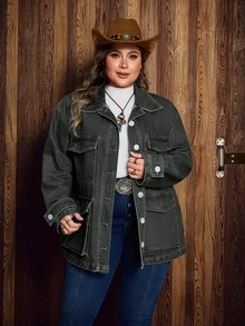 Breezaya Áo khoác denim nữ size lớn phong cách thường ngày, giặt mài, một hàng khuy - màu đen - Xem 7