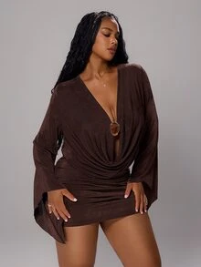 Rustia Plus Size Fashionable Cowl Neck Ruched Bodycon Sexy Elastic Dress - Brown - View 5
