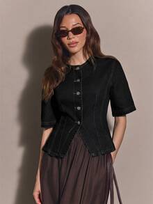 COSMINA Denim 女款短袖單排扣休閒牛仔襯衫 - 黑色 - 查看 4