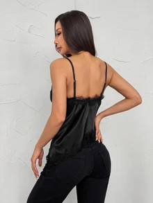 SHEIN PETITE Women's Solid Color Contrast Lace Asymmetric Hem Cami Top - Black - View 2