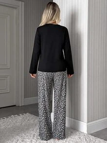 SHEIN Women's Cute Panda Graphic Top & Leopard Print Pants Casual Pajama Set - Black - View 2