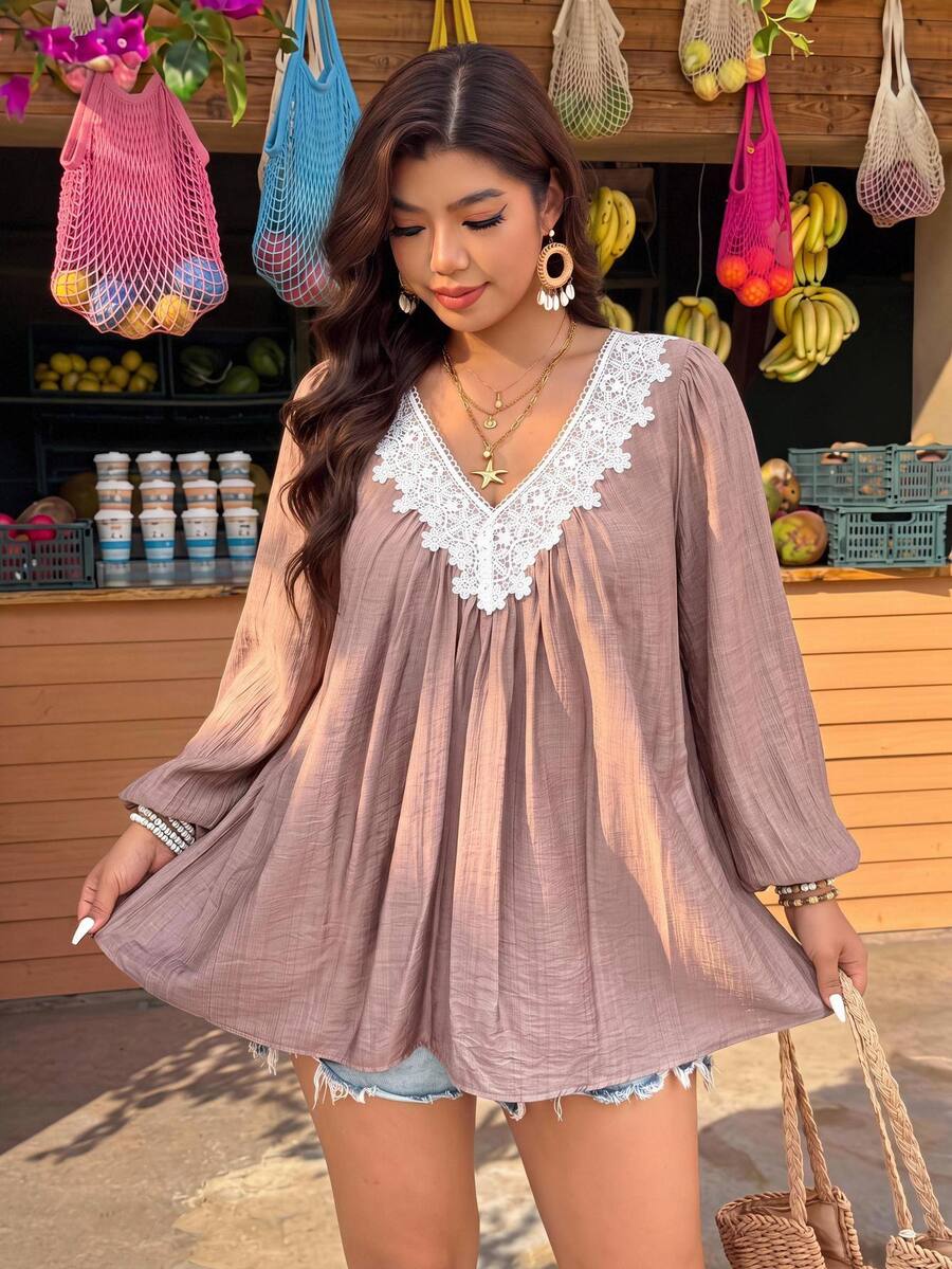 SHEIN LUNE Blus Longgar Lengan Panjang Berkerah V dengan Detail Renda dan Kerutan Ukuran Plus untuk Pakaian Kasual, Jalan-jalan, Kencan, Pesta, Perjalanan Sehari-hari, dan Pakaian Rumah Musim Gugur - Dusty Pink - View 1
