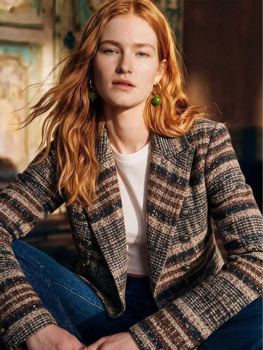 SHEIN 女款休閒棕色格紋提花西裝外套,雙金屬鈕扣設計,優雅復古秋季穿搭,適合早午餐/工作/度假/外出 - 彩色 - 查看 1