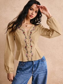 Poéselle 女款蕾絲拼接花卉刺繡圖案休閒日常穿著襯衫 - 卡其色 - 查看 6
