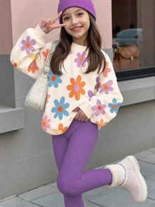 SHEIN 兒童青少年女孩圓領休閒落肩秋季衛衣，花卉圖案 - 白色 - 查看 3
