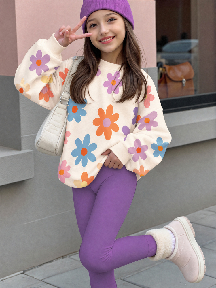 SHEIN Kids Tween Girls Round Neck Casual Drop Shoulder Autumn Sweatshirt & Floral Pattern - White - View 3