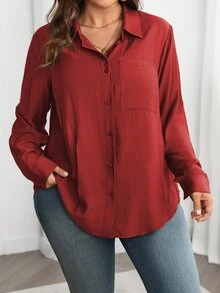 Vionelle Plus Size Solid Color Pocket Single-Breasted Long Sleeve Shirt - Burgundy - View 3