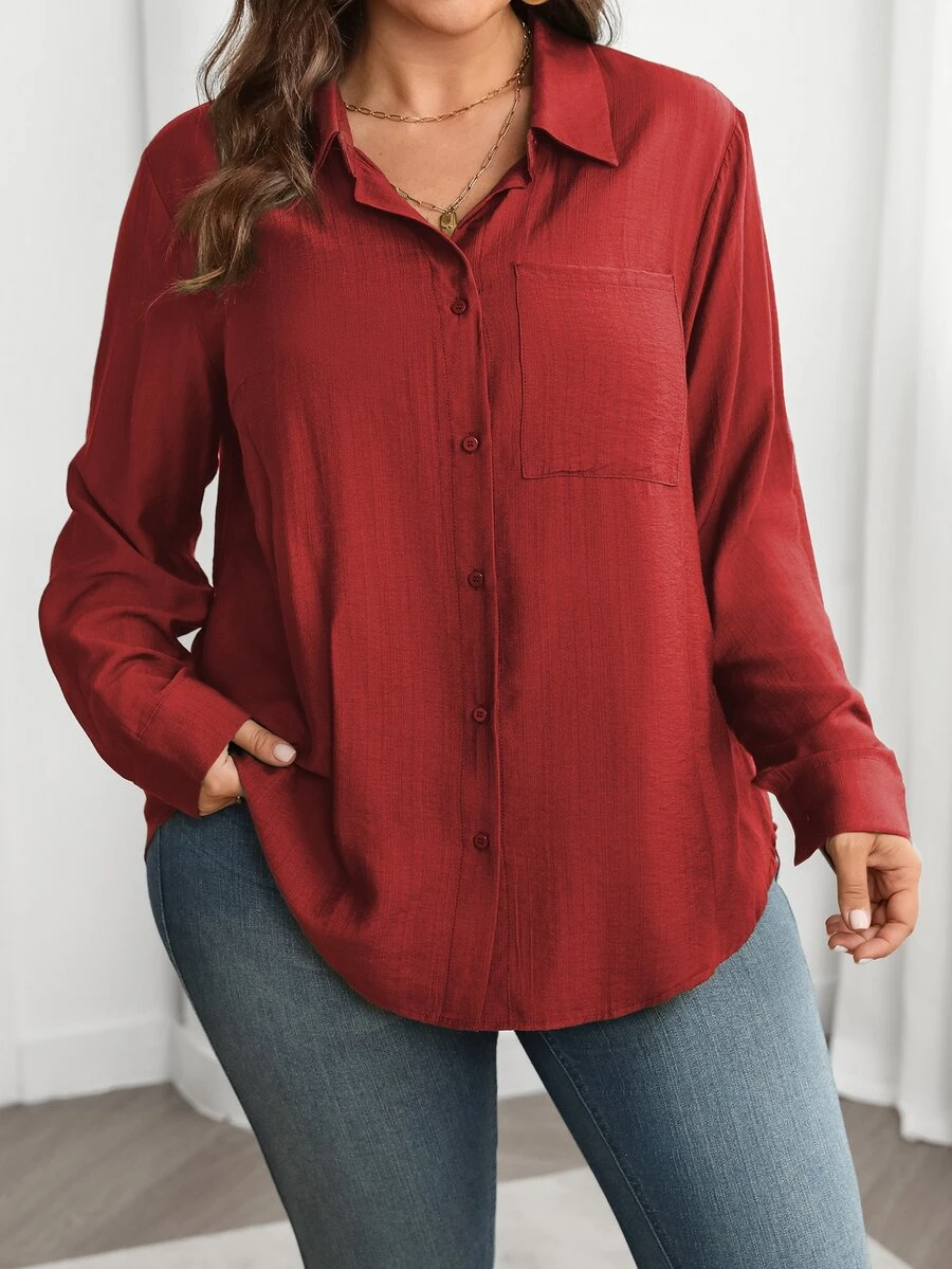Vionelle Plus Size Solid Color Pocket Single-Breasted Long Sleeve Shirt - Burgundy - View 1