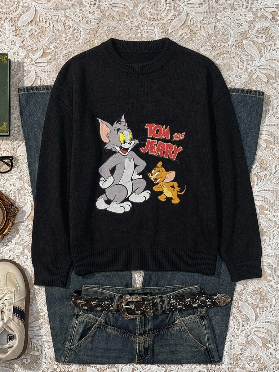 TOM & JERRY X SHEIN SHEIN EZwear 女款休閒卡通印花長袖針織衫,適合街頭穿搭 - 彩色 - 查看 1