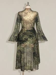 SHEIN ICON 女款大尺碼佩斯利印花前綁帶喇叭袖上衣 - 軍綠色 - 查看 2