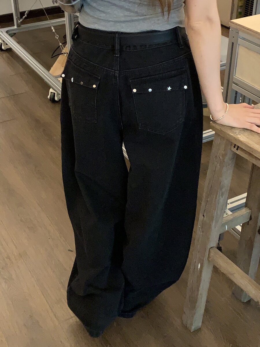 DAZY Women's Wide Leg Loose Casual Versatile Denim Jeans With Pockets Fall - Black - View 1