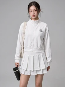 DAZY Women's Zip-Up Long Sleeve Jacket And Pleated Mini Skirt Sports Set Fall - White - View 5