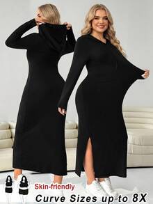 SHEIN CURVE+ 黑色休閒大尺碼女款長袖側開衩下擺連帽洋裝 秋季 - 黑色 - 查看 1