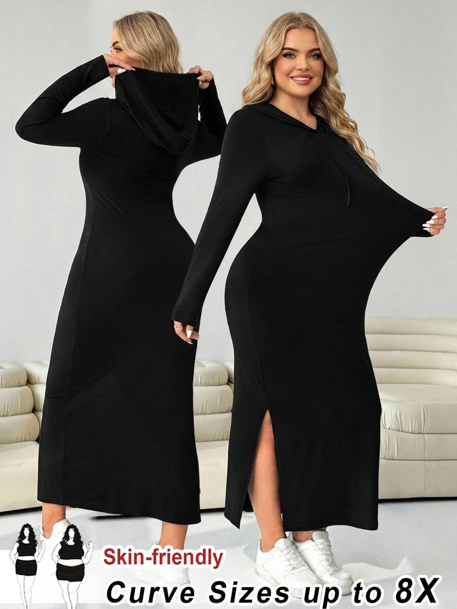 SHEIN CURVE+ 黑色休閒大尺碼女款長袖側開衩下擺連帽洋裝 秋季 - 黑色 - 查看 1
