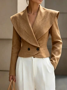 Selianne Women's Solid Color Large Lapel Long Sleeve Double-Breasted Casual Blazer - Brown - View 3