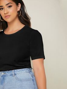 SHEIN BASICS 大尺碼純色圓領T恤夏季上衣 - 黑色 - 查看 5