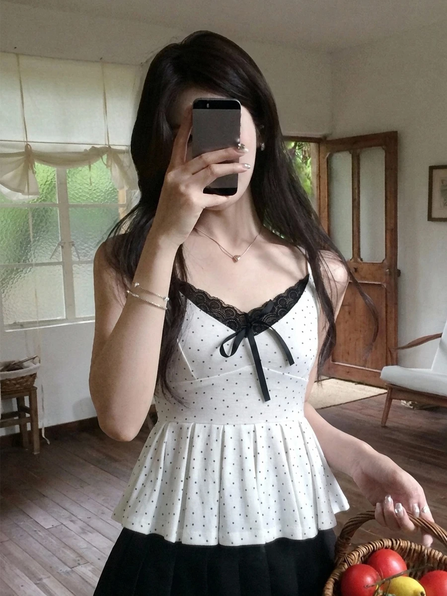 DAZY 女款韓式波點優雅女孩無袖蝴蝶結襯衫 - 白色 - 查看 1