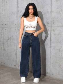 SHEIN Tall Celana Jeans Kasual Warna Polos Serbaguna untuk Wanita Tinggi - Dark Wash - View 5
