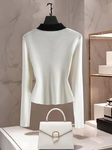 SHEIN LUNE CURVE Plus Size Colorblock Fashion Button Half-Placket Long Sleeve Sweater Winter - Beige - View 5