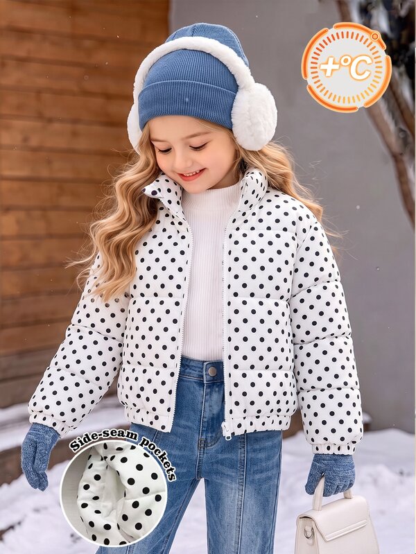 Elladie kids 1件少女秋冬黑白波點絎縫2200#單針縫製立領前開拉鍊長袖短夾克，附側口袋、彈性袖口與下擺，適合秋冬戶外、購物、攝影及日常穿著