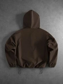 Manfinity Roghcode 男士休閒連帽雙層設計多功能運動休閒刺繡圖案時尚Ins風適合四季街頭風寬鬆圖案情侶套裝好友穿搭我愛我的男朋友街頭風情侶款雙層連帽半拉鍊彈性抽繩下擺棕色 - 摩卡棕 - 查看 2
