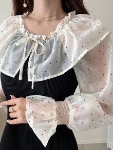 FRIFUL Gaun Elegan Wanita Motif Polkadot Patchwork dengan Ruffle dan Tali di Bagian Depan - Hitam dan Putih - View 5