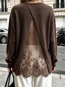 Resyla Women's Solid Color Round Neck Dropped Shoulder Long Sleeve Back Contrast Lace Top - Brown - View 1