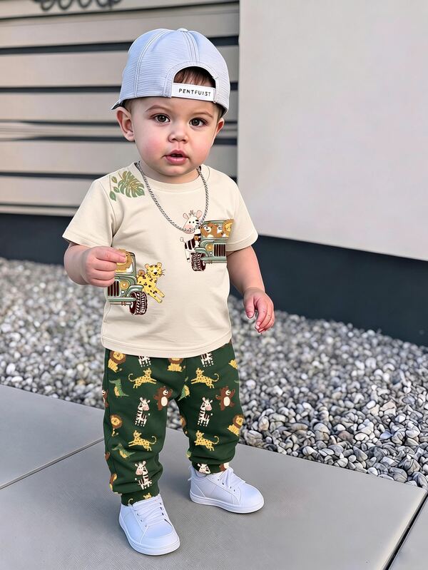 Conjunto de 2 piezas para bebé niño, camiseta de manga corta holgada casual deportiva minimalista con estampado de animales lindos y pantalones largos, adecuado para otoño, conjunto de punto