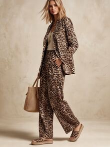 SHEIN LUNE Women's Vintage Leopard Print Long Sleeve Blazer And Pants 2 Pieces Set - Multicolor - View 4