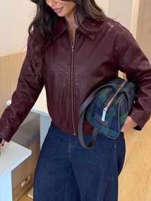 Aloruh 女款優雅休閒通勤老錢風酒紅色PU皮革夾克，長袖極簡外套，適合秋冬 - 酒紅色 - 查看 5