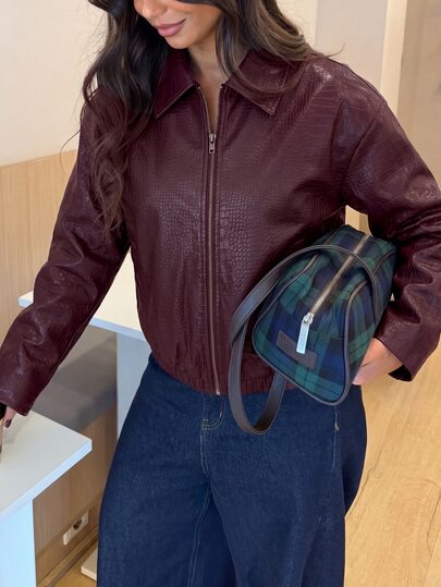 Aloruh Women's Elegant Casual Commute Night Out Old Money Style Burgundy PU Leather Jacket, Long Sleeve Minimalist Coat For Autumn/Winter Autumn