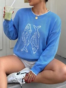 Muchica 新款秋冬大尺碼女款海軍藍拼色圓領魚紋休閒時尚日常度假正式長袖針織衫 - 藍色 - 查看 5
