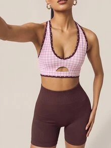 SHEIN BAE Women Pink Plaid Padded Cross Back Sports Bra Checkered Print Contrast Trim Gym Workout Training Running Yoga Athletic Sportswear Top - Baby Pink - View 4