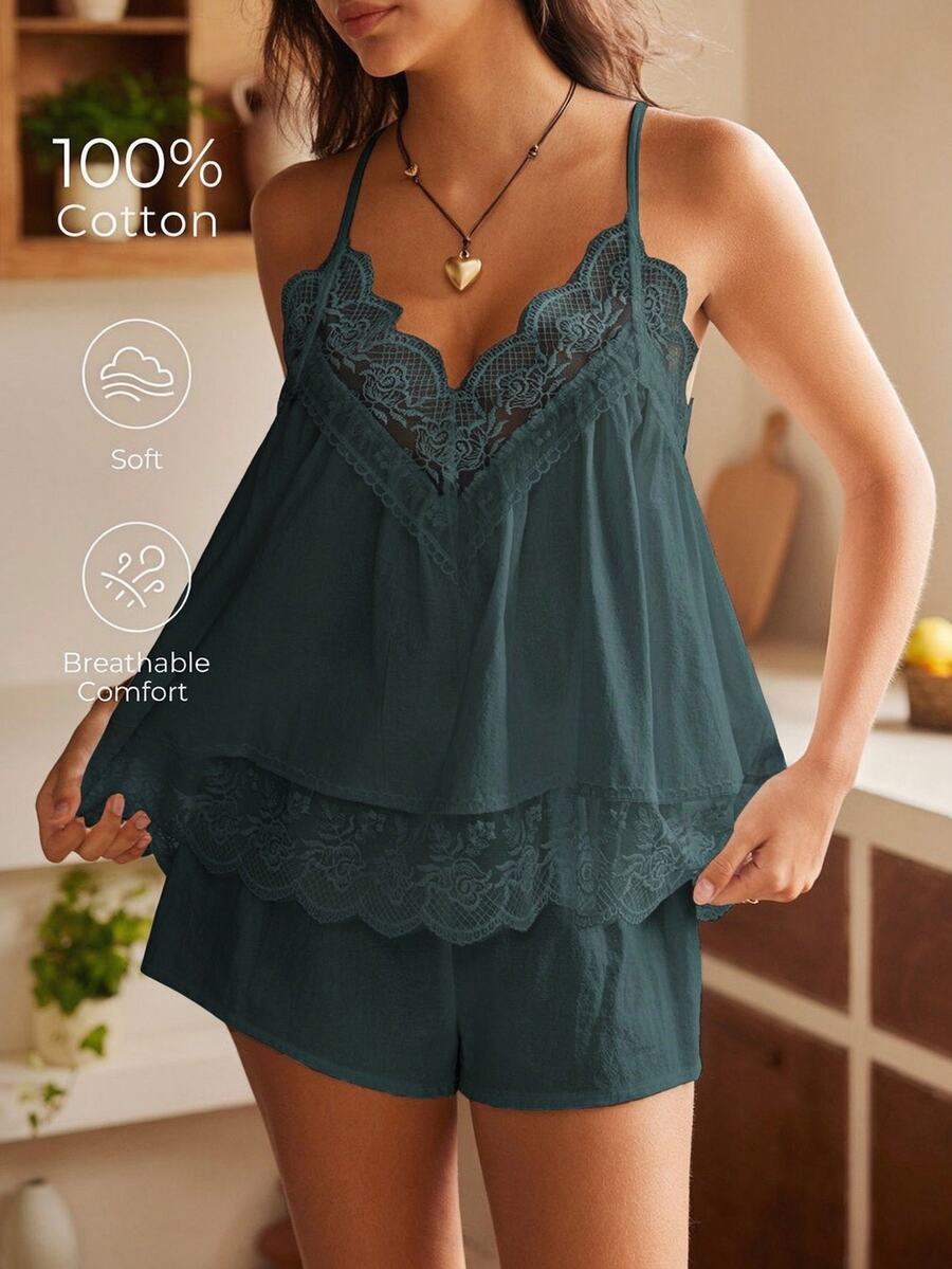 Lullawish 波希米亞風純棉女款細肩帶背心短褲睡衣套裝 - 墨綠色 - 查看 1
