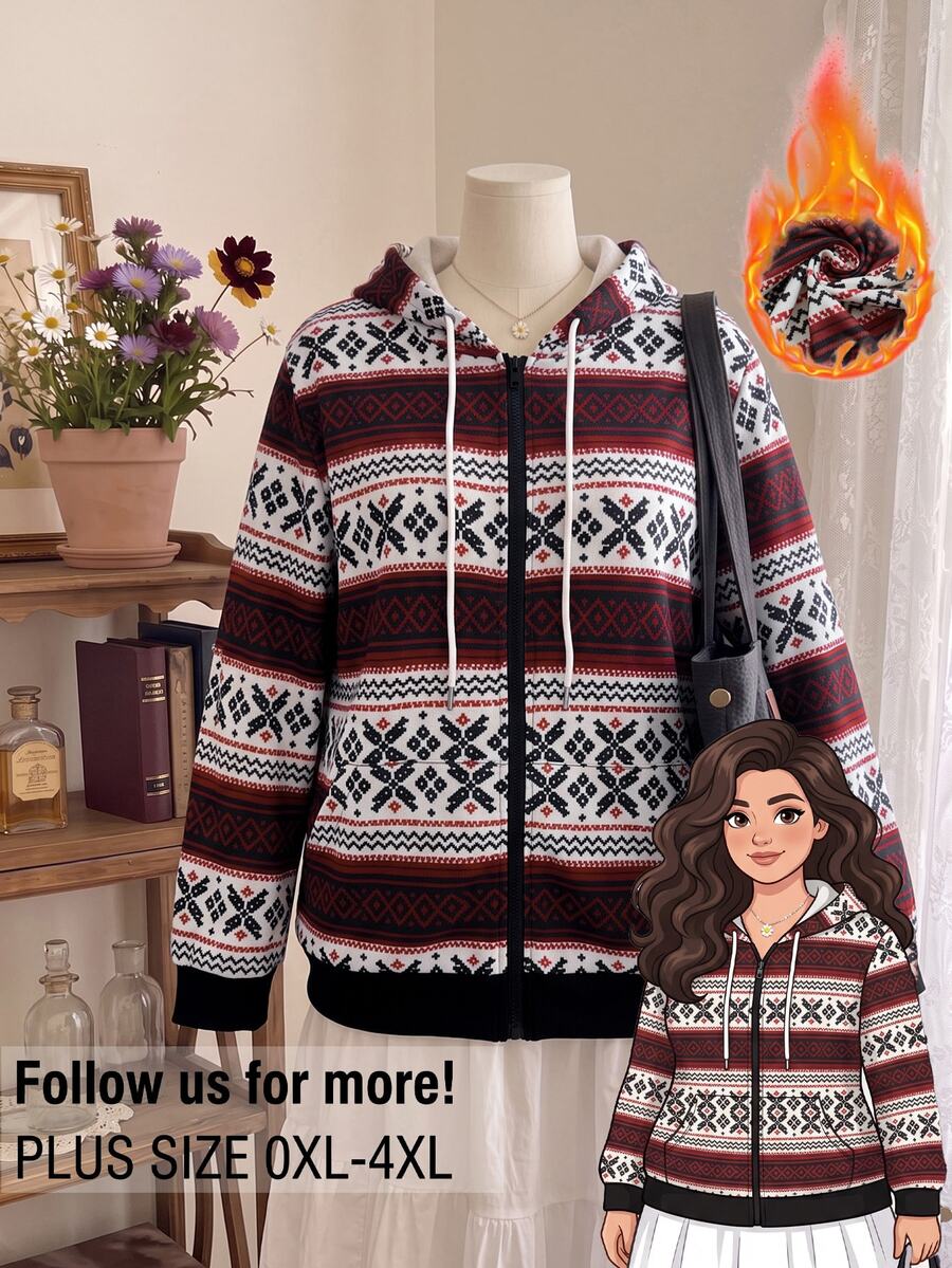 Rusticease Chaqueta con capucha y estampado geométrico de talla grande - Multicolor - Ver 1