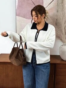 Lounesse Plus Size Women's Colorblock Zipper Casual Versatile Daily Wear Cardigan - White - View 7