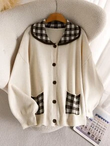 CosyJoli Plus Size Women's Patchwork Plaid Peter Pan Collar Single-Breasted Casual Knit Cardigan - Multicolor - View 2