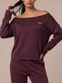 SHEIN BAE Women Burgundy Letter Print Off Shoulder Long Sleeve Sports Sweatshirt Gym Workout Training Running Yoga Athletic Activewear - Red Violet - View 4