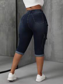SHEIN CURVE+ Plus Size Cowgirl Outfit Blue Stretch Denim Cargo Pocket Sexy Tight Capris - Dark Wash - View 2