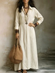 SHEIN Women's Cotton Blend Beige Collar V-Neck Drawstring Split Shirt Maxi Dress, Minimalist Dress For Spring Fall Casual Daily Wear - Apricot - View 1