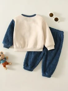 SHEIN 男女嬰兒/幼兒 2件組 秋冬加厚抓絨內裡休閒可愛拼色大象圖案運動衫套裝，嬰兒冬季服飾，運動服 - 藏蓝色 - 查看 2
