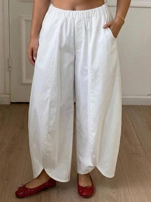 Dazy Plus All White Elastic Waist Petal Cuff Loose Harem Pants, Casual Cargo Cropped Length Denim Jeans For Girls, Vacation Style Fall Going Out - White - View 4