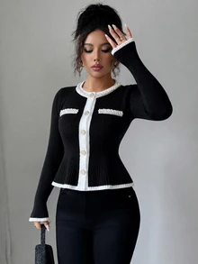 Elenzga Women's Colorblock Faux Pearl Decor Casual Versatile Cardigan - Black - View 5