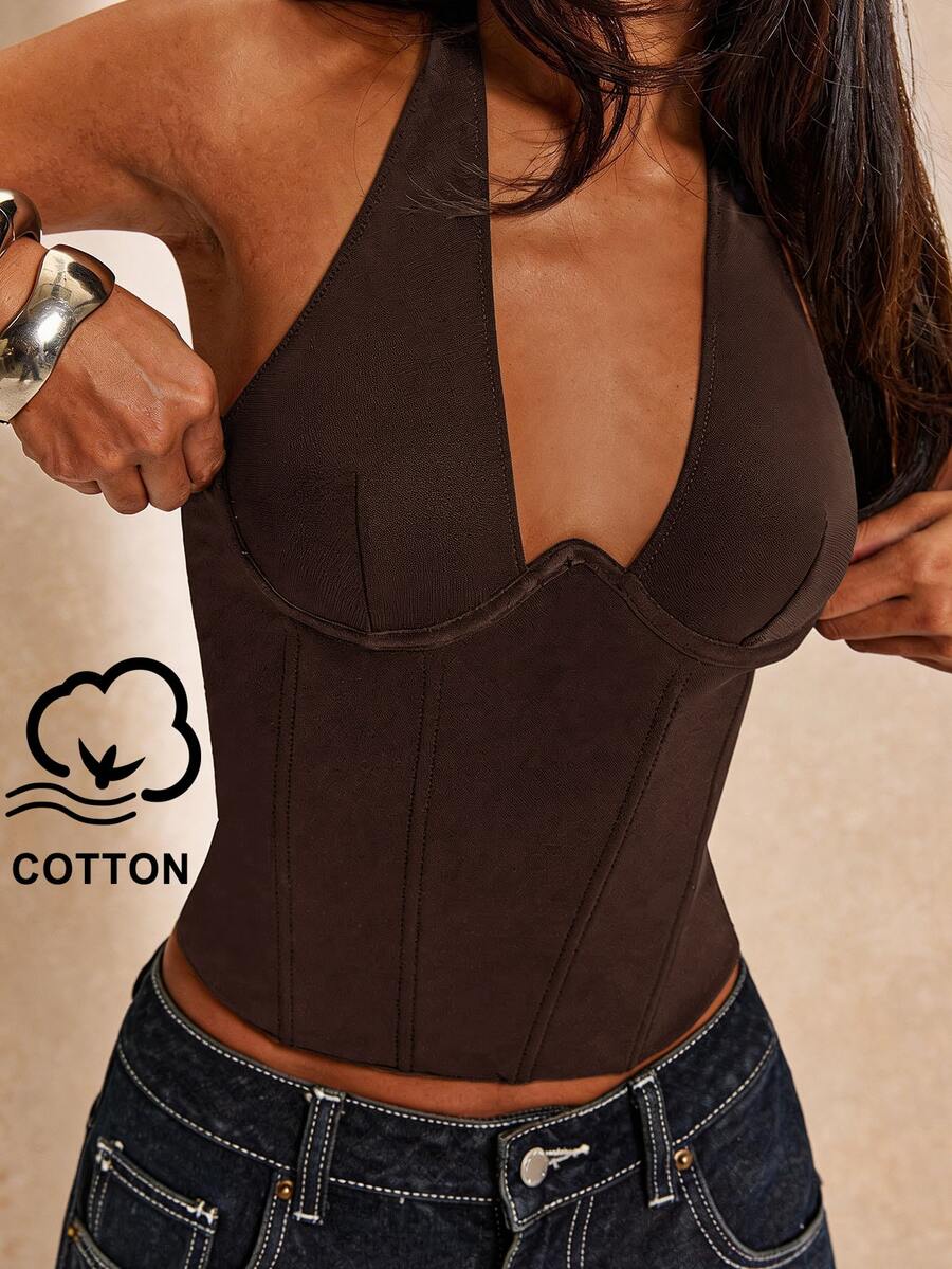SHEIN BAE Women's Solid Color Casual Versatile Daily Wear Halter Neck Top - Coffee Brown - View 1