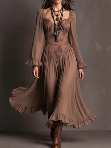 Glimmora Gaun Panjang Polos Bergaya Vintage untuk Wanita Musim Gugur/Dingin, dengan Hiasan Ruffle di Bagian Bawah dan Tali Jala di Belakang. - Coklat - View 3